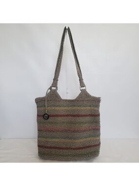 THE SAK BELLE SHOULDER BAG CROCHET WOVEN KNIT TAN MULTI STRIPED DOUBLE STRAPS
